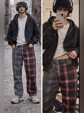 Ragged Patchwork Plaid Jeans Grunge Punk Streetwear Men’s 28